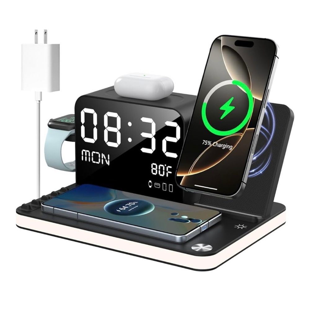Wireless Charging Station with Alarm Clock - Black